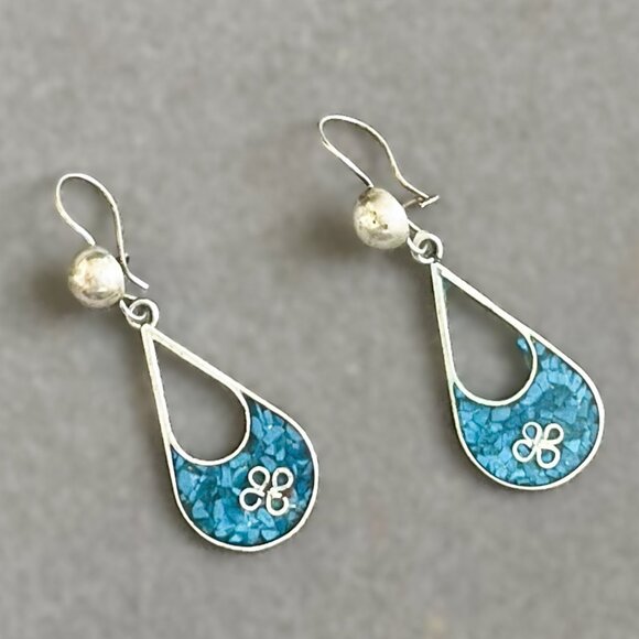 Rare Vintage TAXCO Sterling Silver Turquoise Inlay Earrings Signed Tane Orfebres - Picture 1 of 5